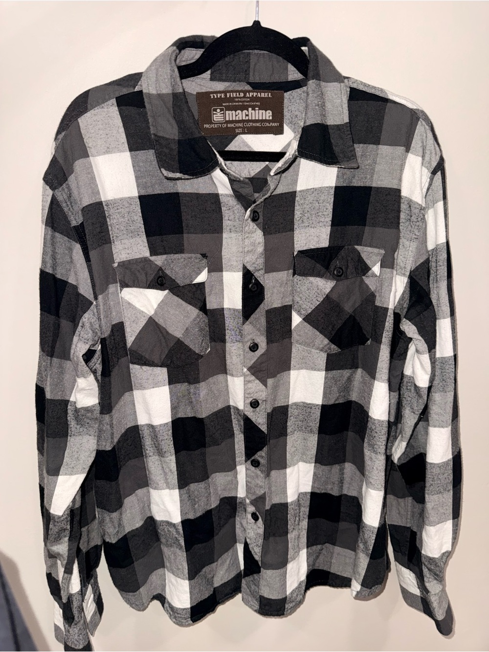 Machine Black & White Plaid Men's Button-Up Shirt Sz L